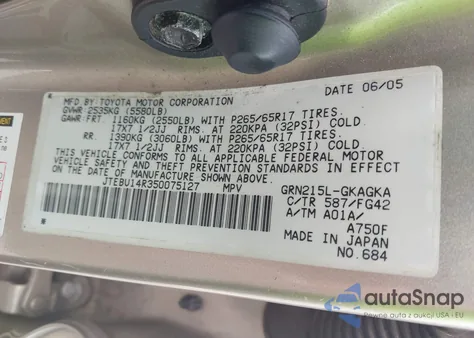 2005 Toyota 4Runner Sr5 V6 из США, поврежденный, VIN JTEBU14R350075127